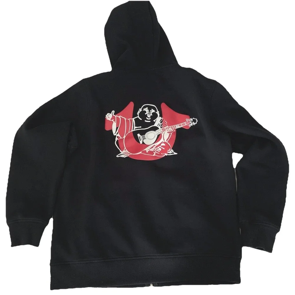True Religion Buddha‎ Hoodie Men's Large Black Full Zip Graphic Streetwear Y2K
